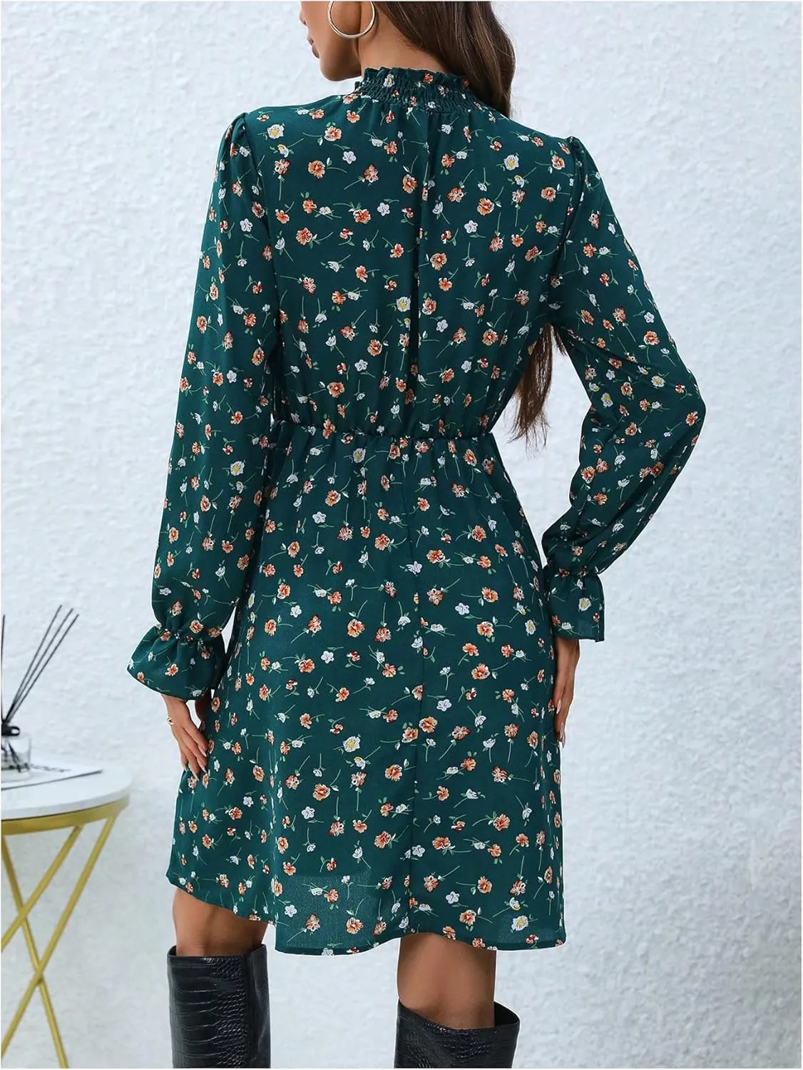 MakeMeChic Women's Floral Print Long Sleeve Mock Neck Shirred A Line Casual Short Mini Dress