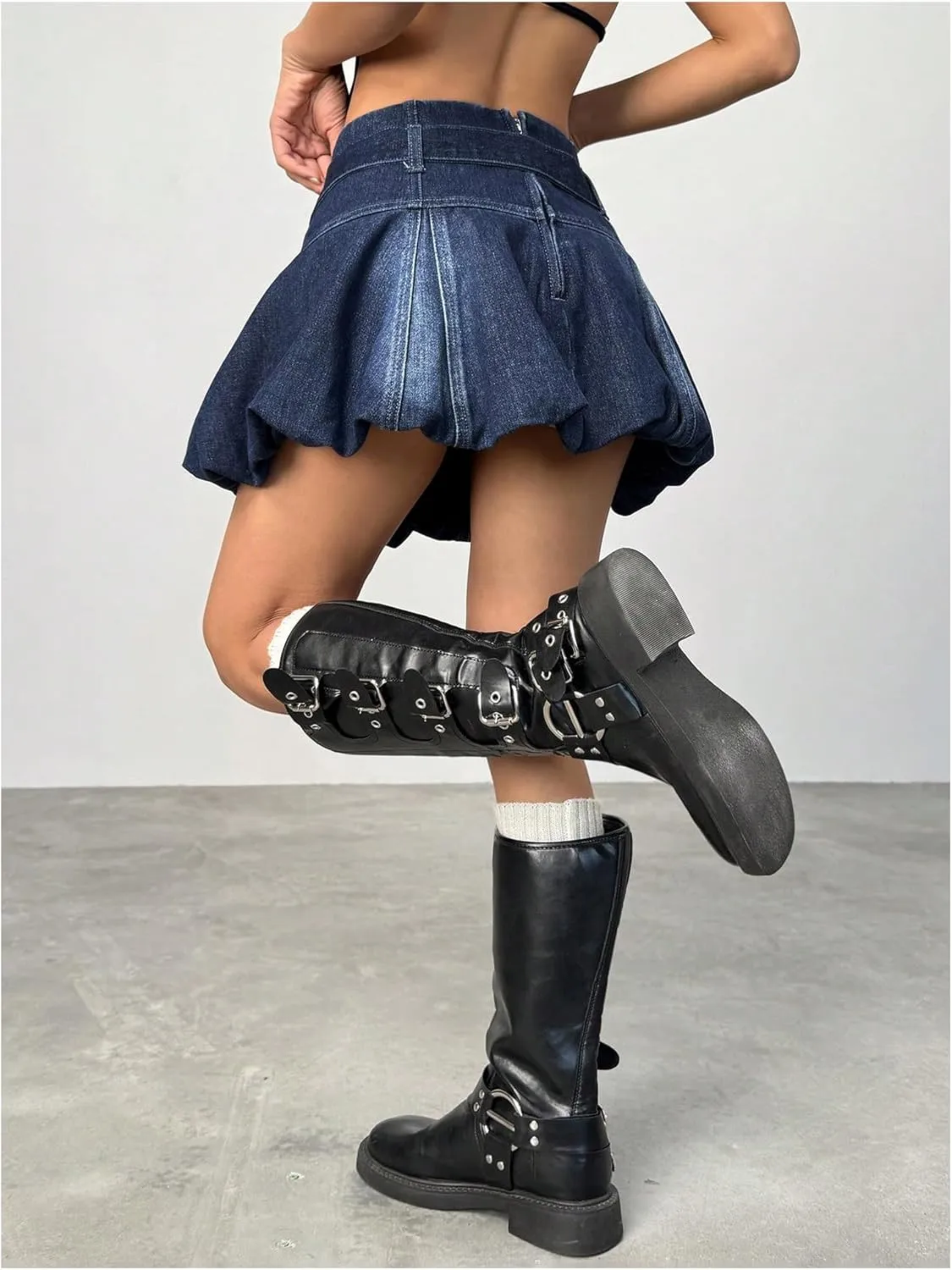 MakeMeChic Women's Y2K A Line Denim Mini Skirt Ruffle Belted Summer Y2K Bubble Skirts