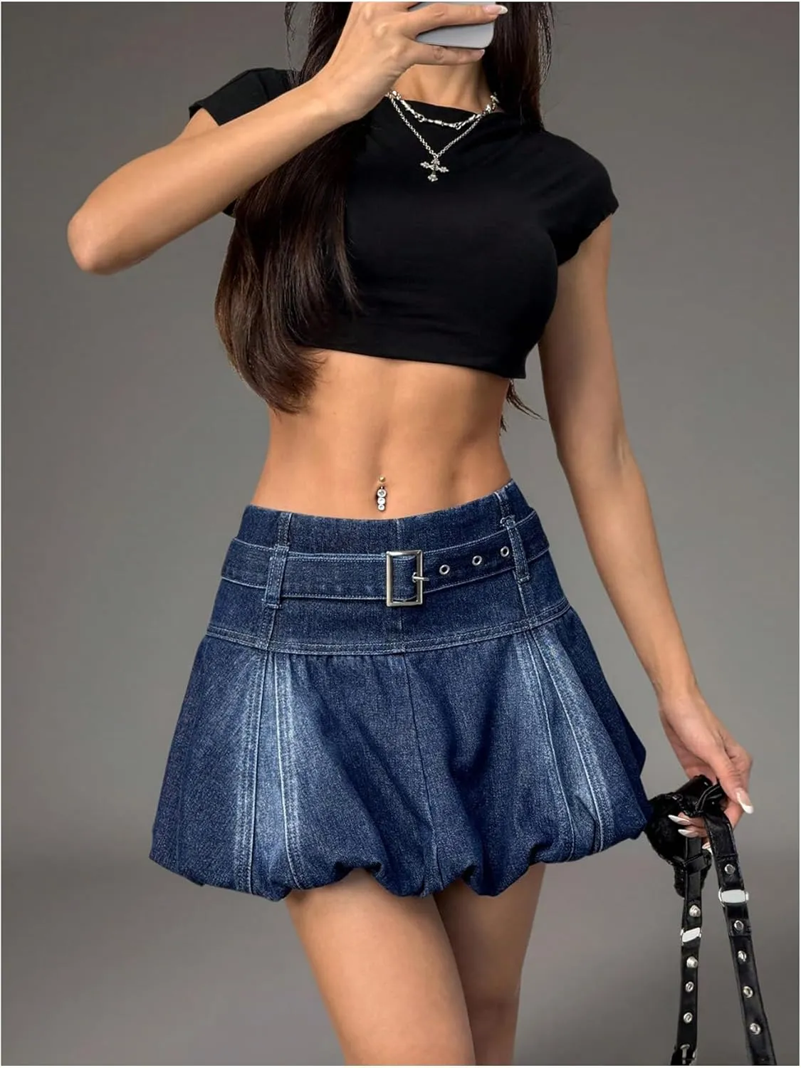 MakeMeChic Women's Y2K A Line Denim Mini Skirt Ruffle Belted Summer Y2K Bubble Skirts