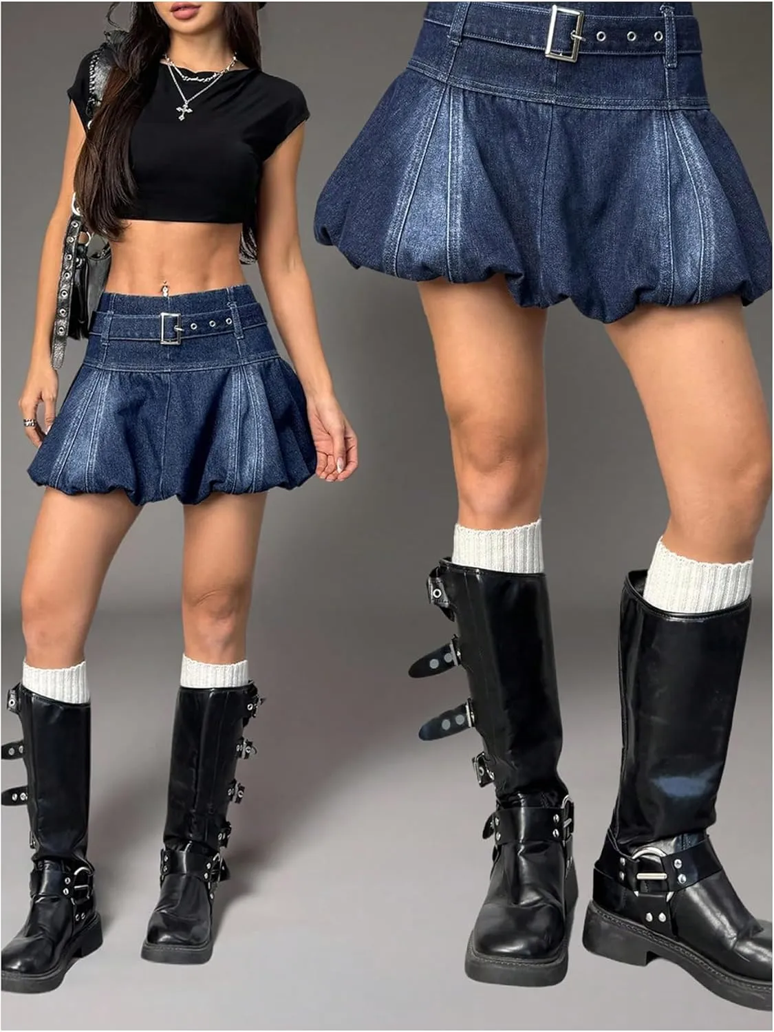 MakeMeChic Women's Y2K A Line Denim Mini Skirt Ruffle Belted Summer Y2K Bubble Skirts