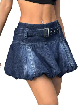 MakeMeChic Women's Y2K A Line Denim Mini Skirt Ruffle Belted Summer Y2K Bubble Skirts