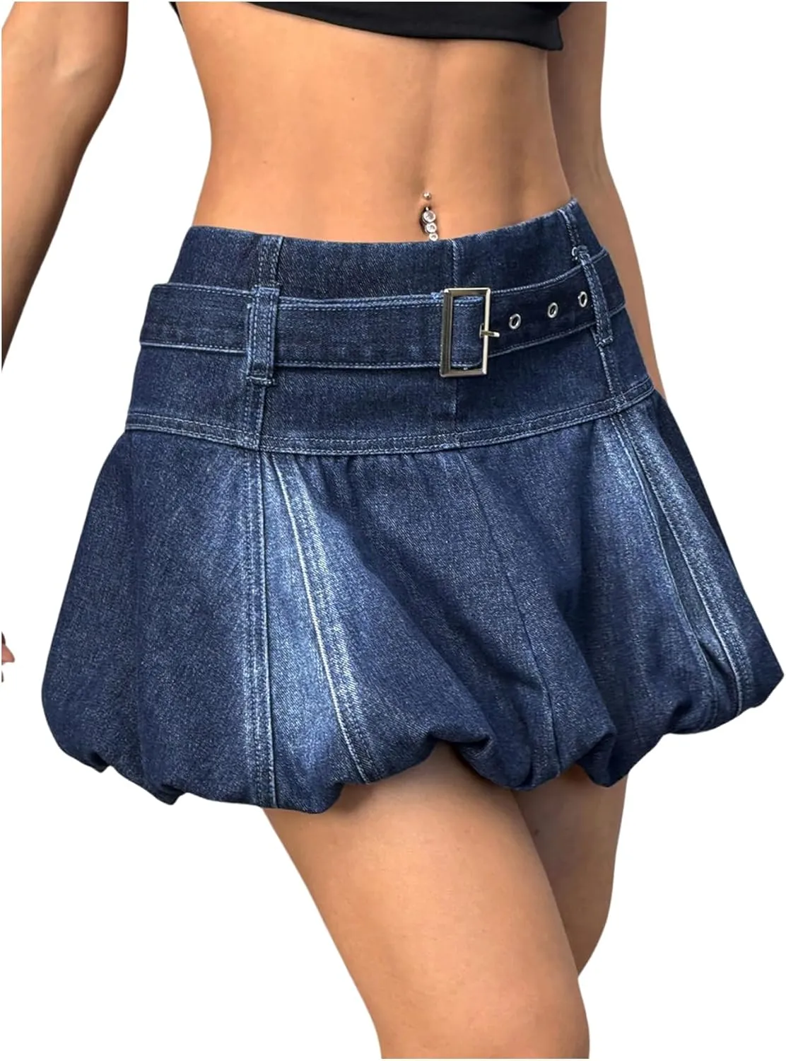 MakeMeChic Women's Y2K A Line Denim Mini Skirt Ruffle Belted Summer Y2K Bubble Skirts