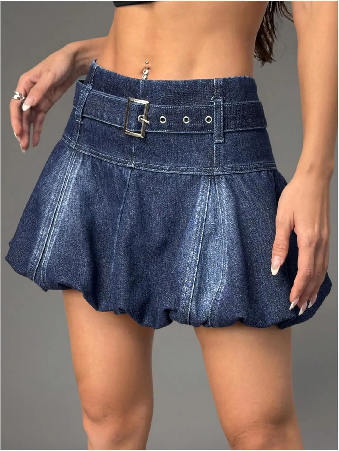 MakeMeChic Women's Y2K A Line Denim Mini Skirt Ruffle Belted Summer Y2K Bubble Skirts