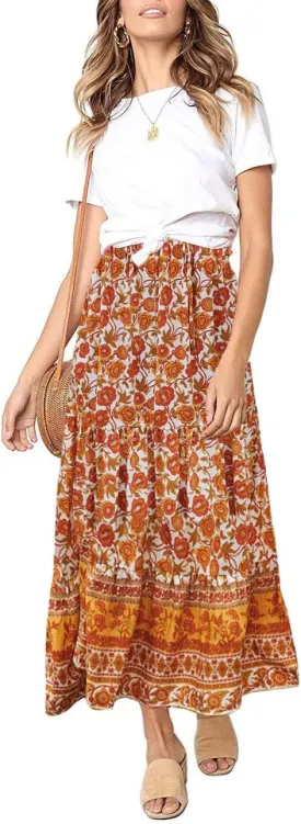 MEROKEETY Women's Boho Floral Print Elastic High Waist Pleated A Line Maxi Skirt
