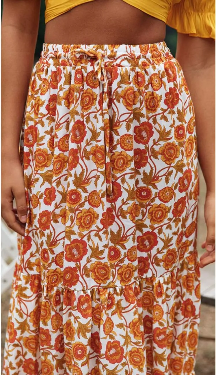 MEROKEETY Women's Boho Floral Print Elastic High Waist Pleated A Line Maxi Skirt