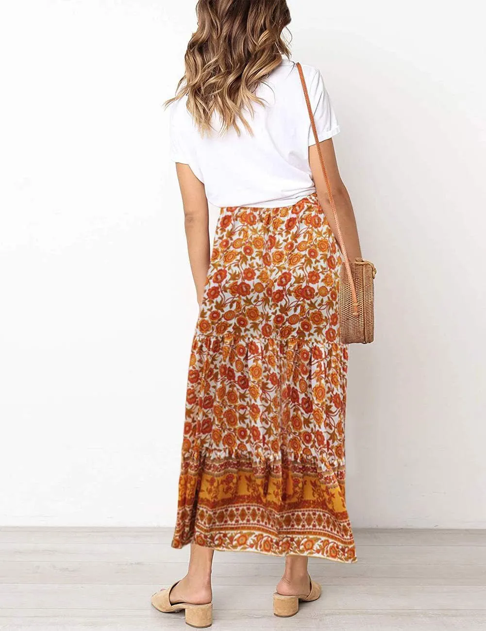 MEROKEETY Women's Boho Floral Print Elastic High Waist Pleated A Line Maxi Skirt