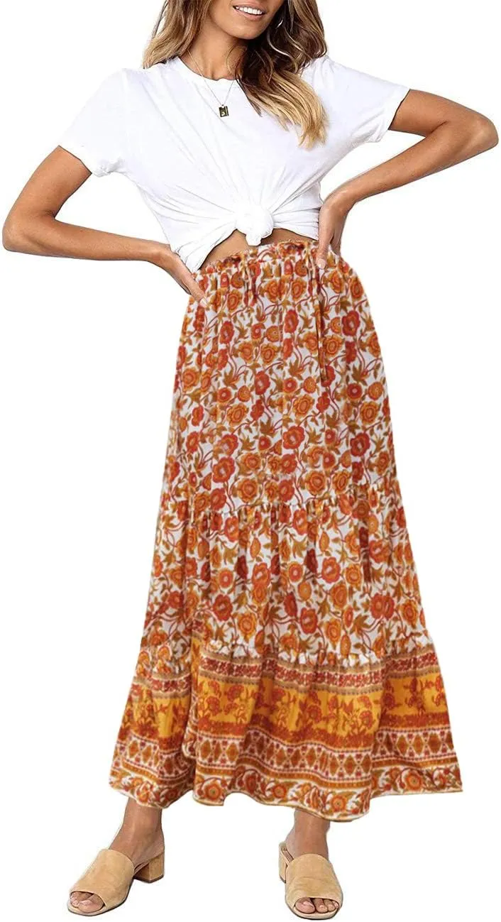 MEROKEETY Women's Boho Floral Print Elastic High Waist Pleated A Line Maxi Skirt