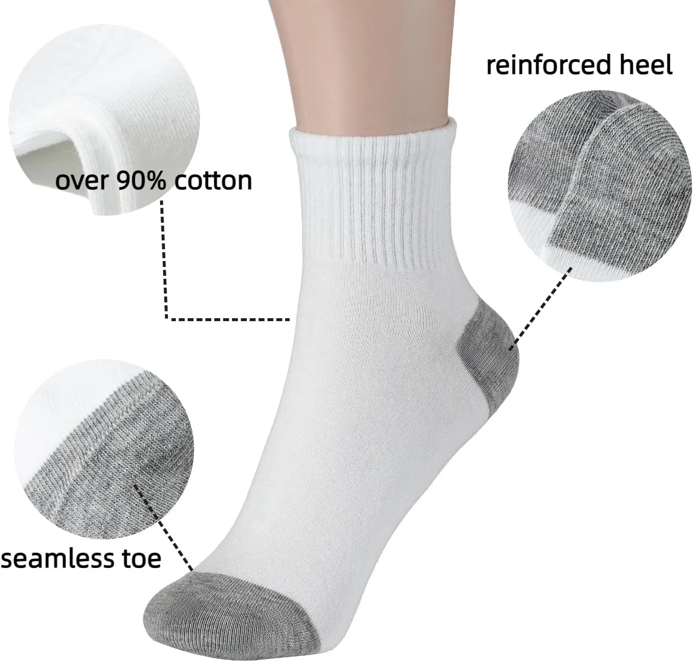 Ndoobiy 6 Pairs White Ankle Socks Womens Socks Cotton Soft Breathable Athletic Socks
