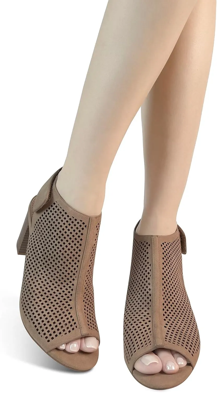 Peep Toe Booties Women, Ankle Booties Skeleton Boots Hook & Loop Strap Mid Block Heel Sandals for Women