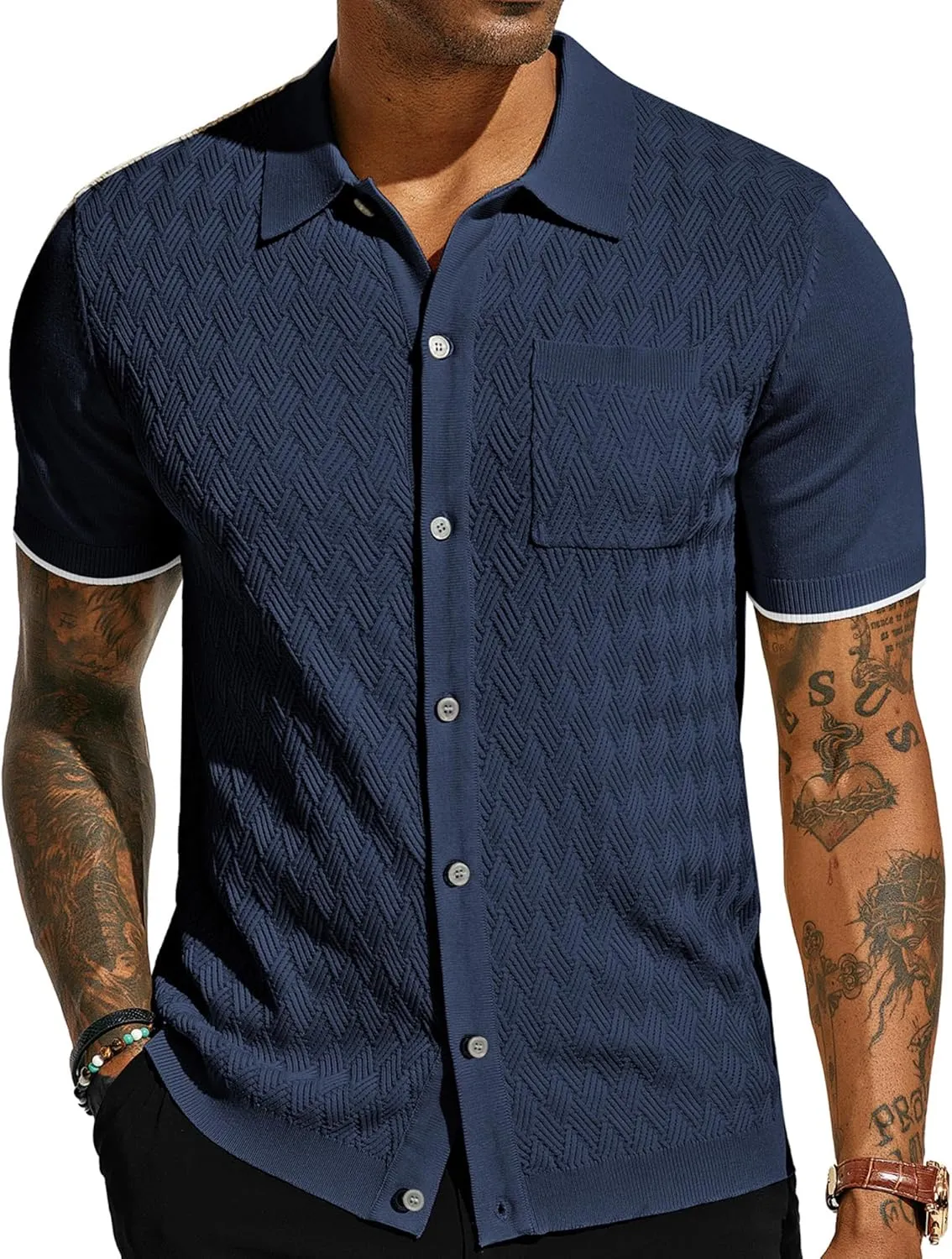 PJ PAUL JONES Mens Polo Shirt Short Sleeve Casual Knit Textured Button Down Polo Shirts with Pocket
