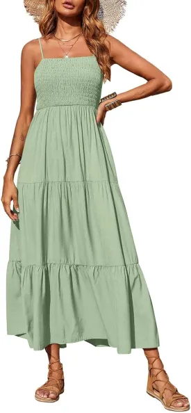PRETTYGARDEN Women's Summer Maxi Dress 2025 Casual Boho Sleeveless Spaghetti Strap Smocked Tiered Long Beach Sundresses