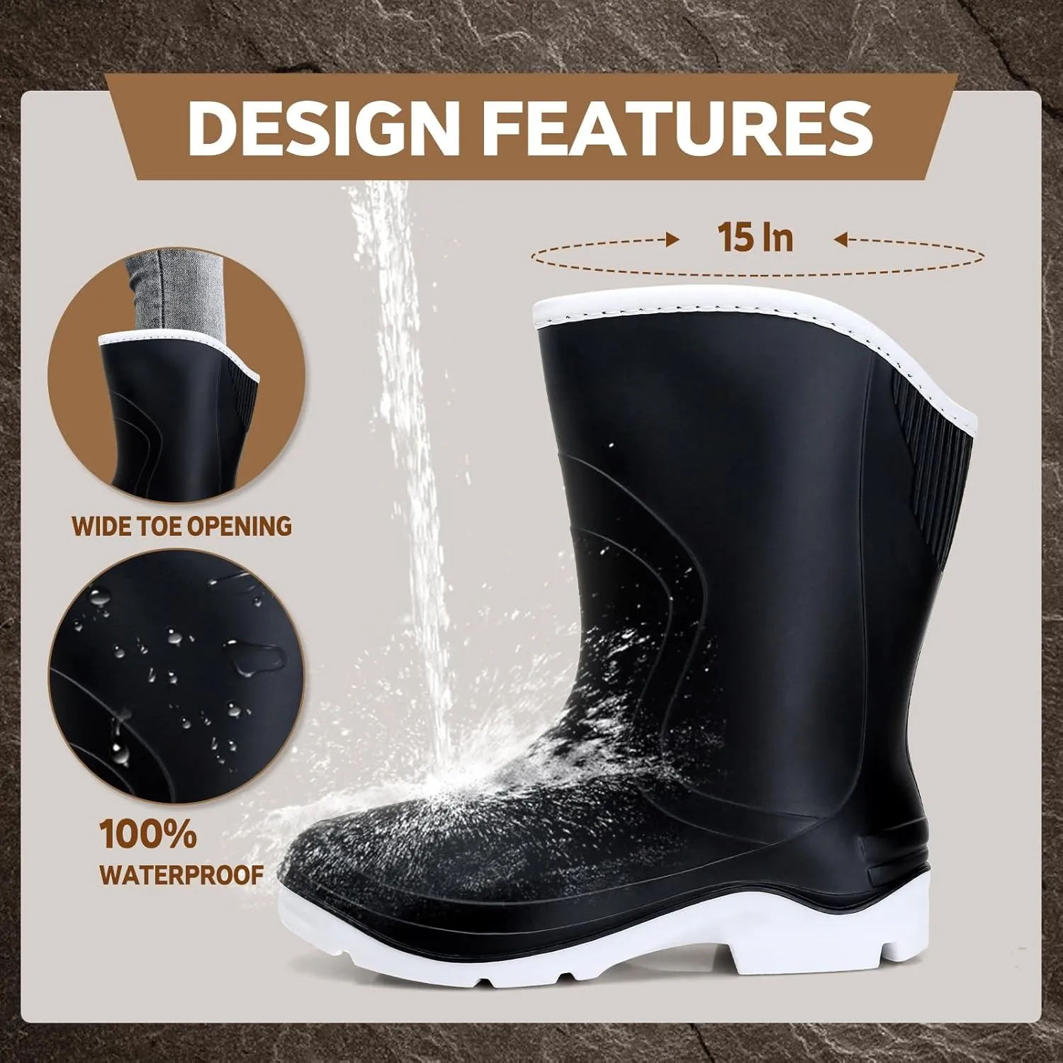 Rain Boots for WomenWaterproof Garden Rubber Boots, Non-slip Width Mid-Calf Comfort Short Boots, Ankle Rainboots Boots, Lightweight Platform Mud Boots Water Shoes for Outdoor Working Fishing