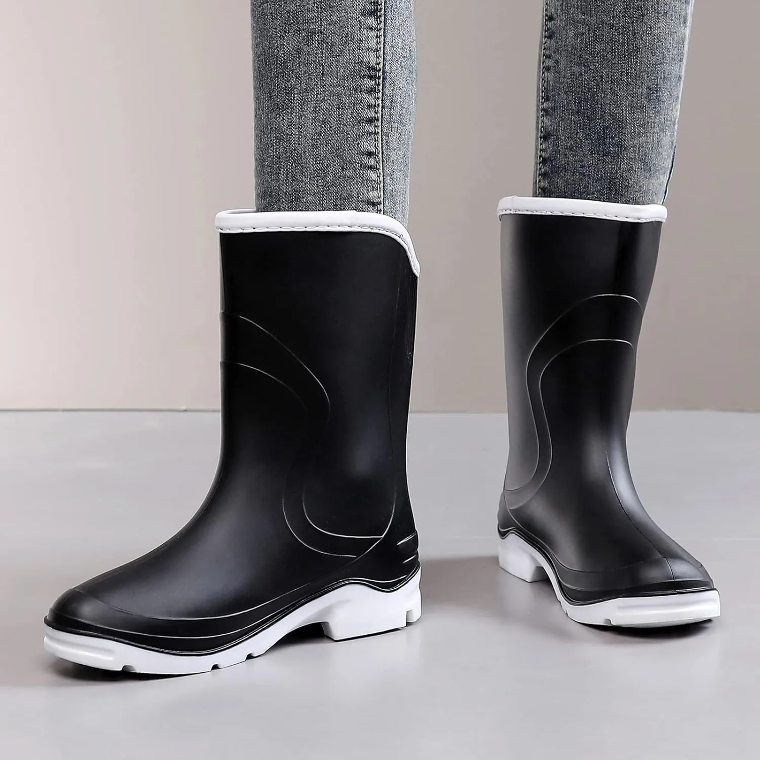 Rain Boots for WomenWaterproof Garden Rubber Boots, Non-slip Width Mid-Calf Comfort Short Boots, Ankle Rainboots Boots, Lightweight Platform Mud Boots Water Shoes for Outdoor Working Fishing