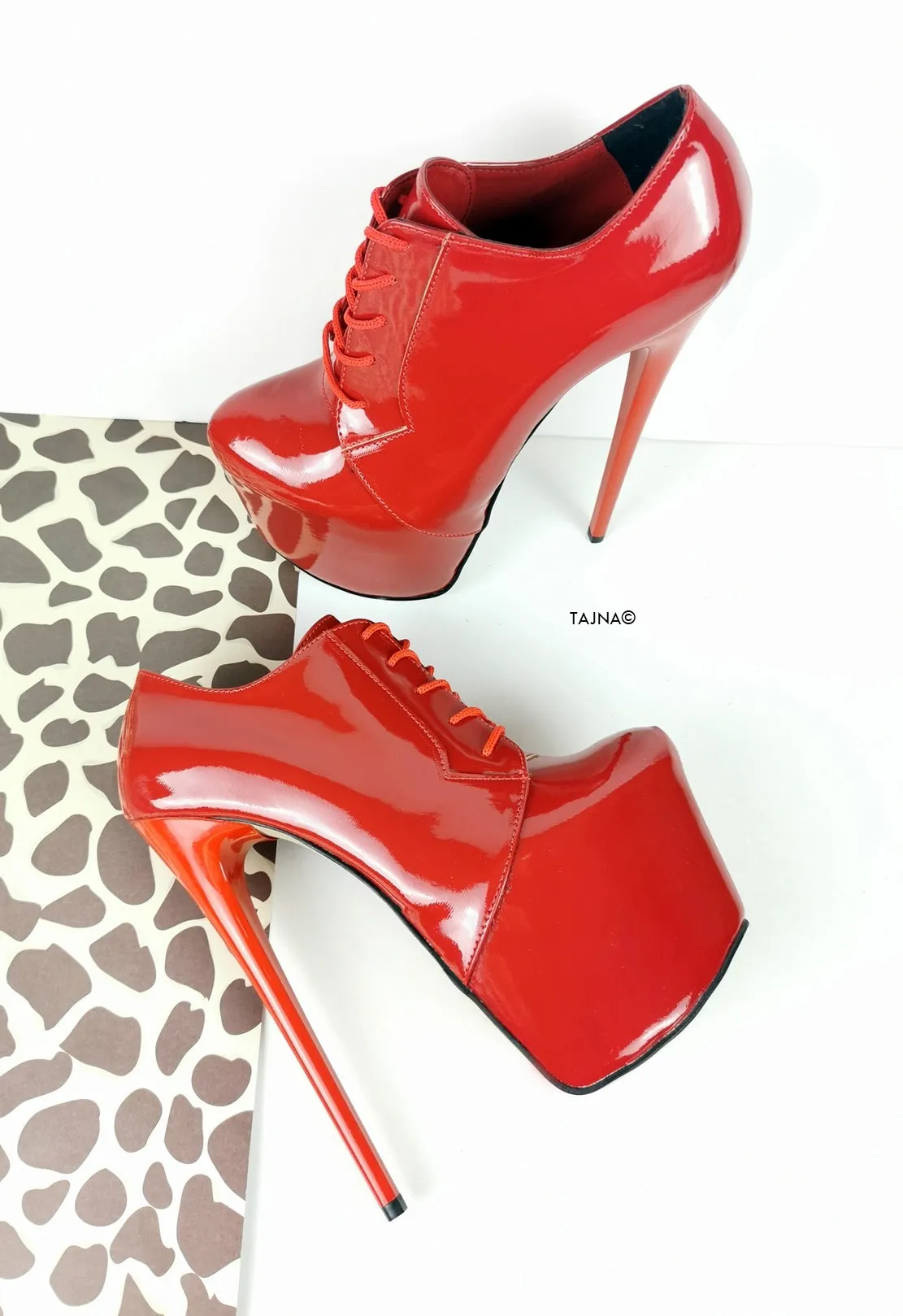 Red Patent Oxford Ankle Lace Up Heels