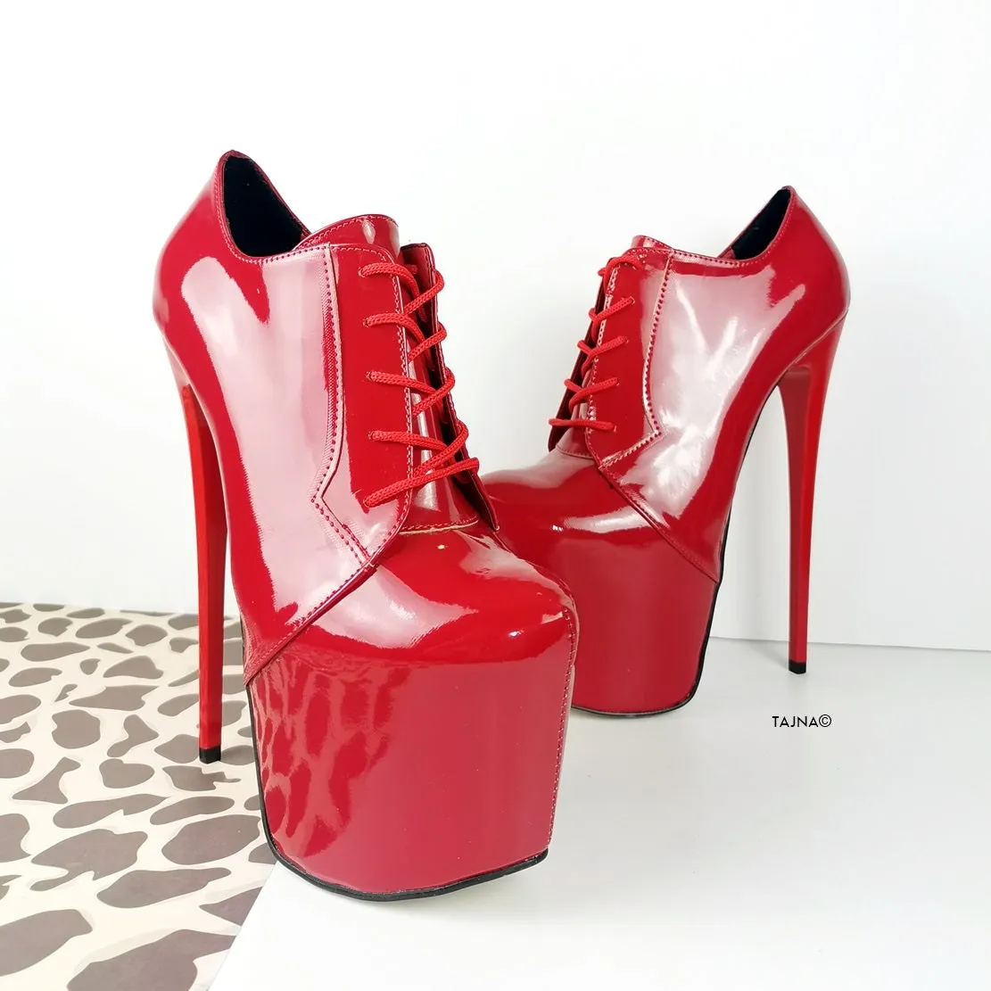 Red Patent Oxford Ankle Lace Up Heels