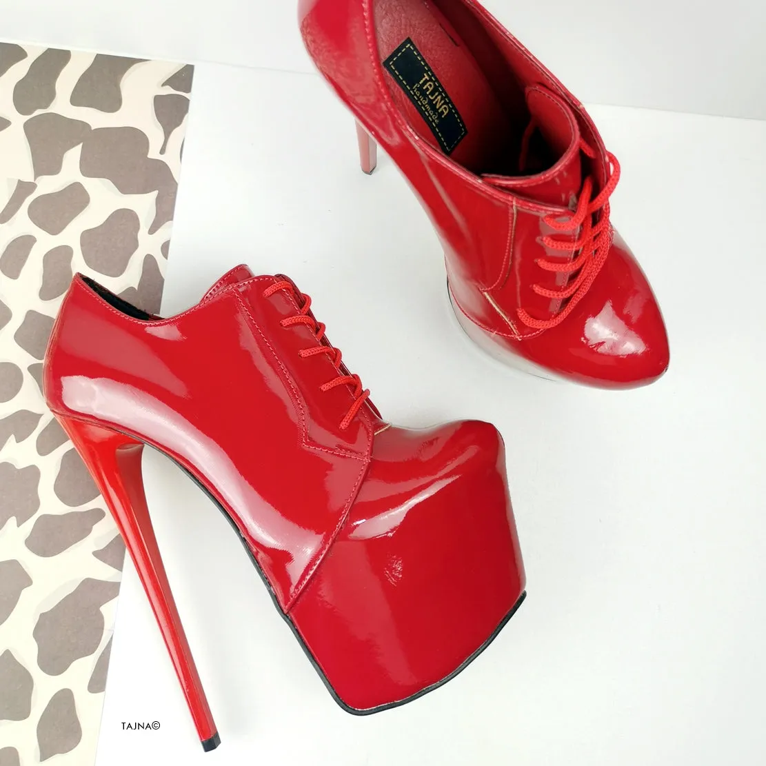 Red Patent Oxford Ankle Lace Up Heels