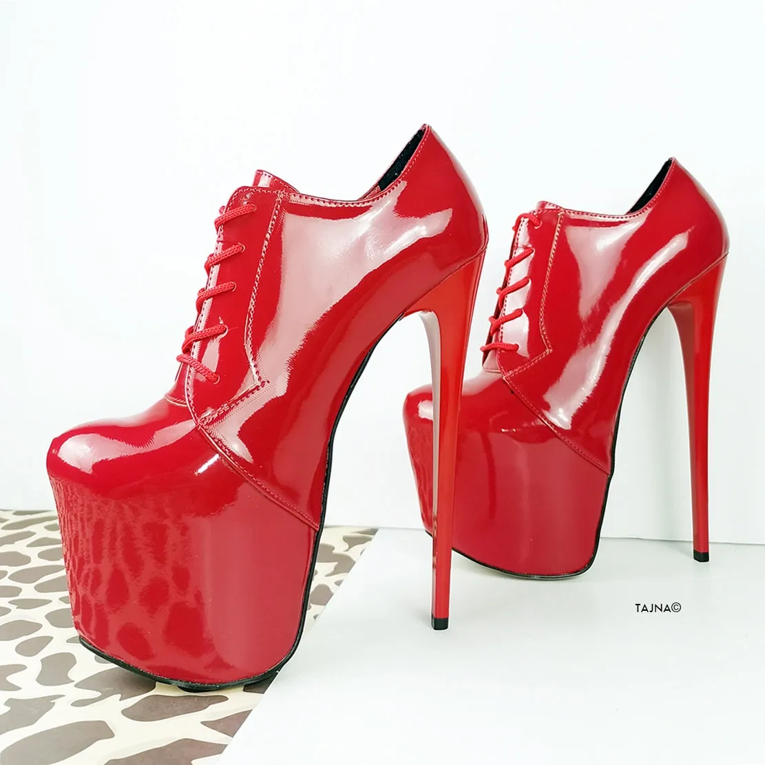 Red Patent Oxford Ankle Lace Up Heels