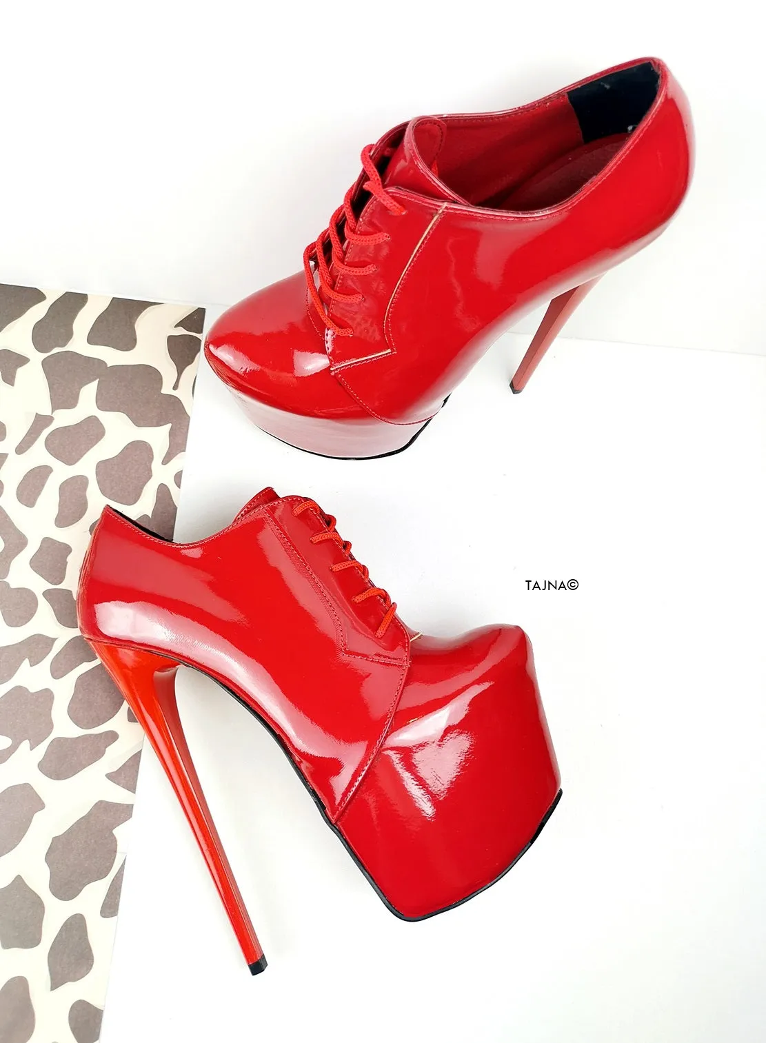 Red Patent Oxford Ankle Lace Up Heels