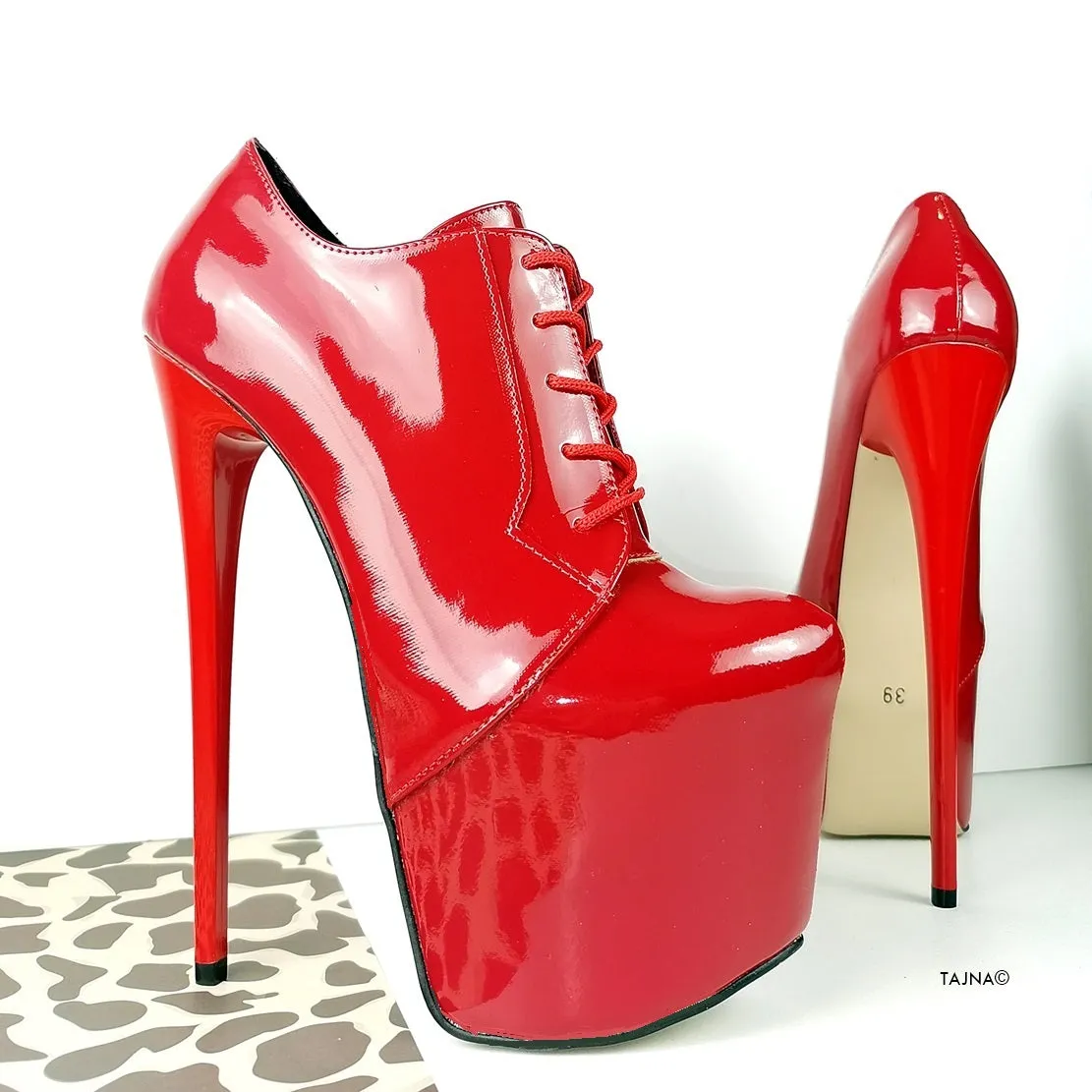 Red Patent Oxford Ankle Lace Up Heels