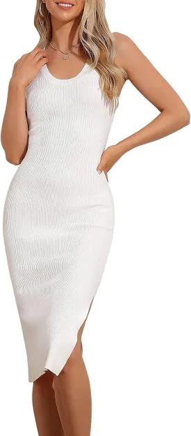 Rocorose Women's Sleeveless Tank Dress Slim Casual Scoop Neck Bodycon Sexy Midi Knit Sweater Dress with Slit
