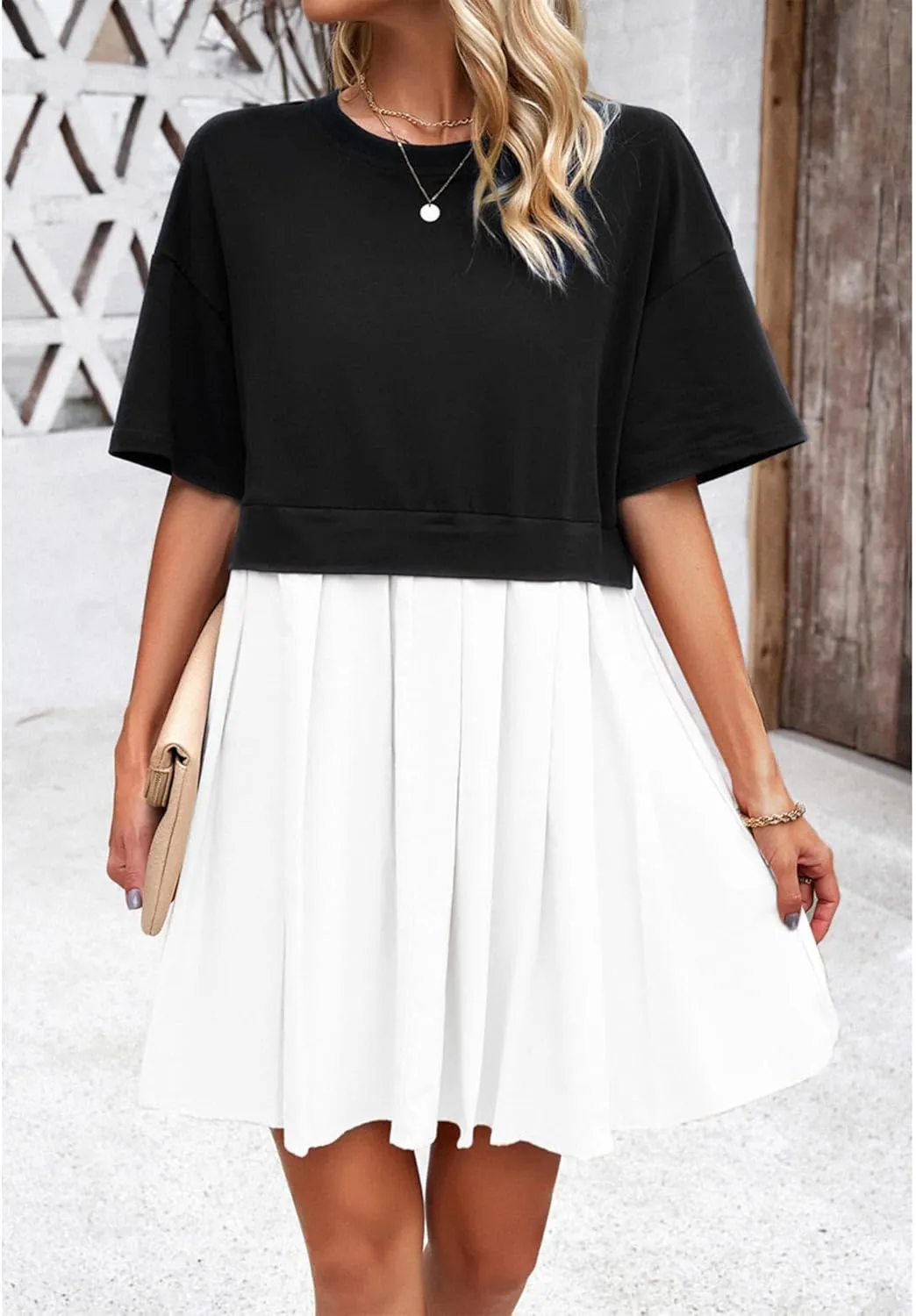 SOMTHRON Women's Oversized Sweatshirt Dress Patchwork Crewneck Short Sleeve Pullover Tops Flowy Pleated Sweatshirt Mini Dress