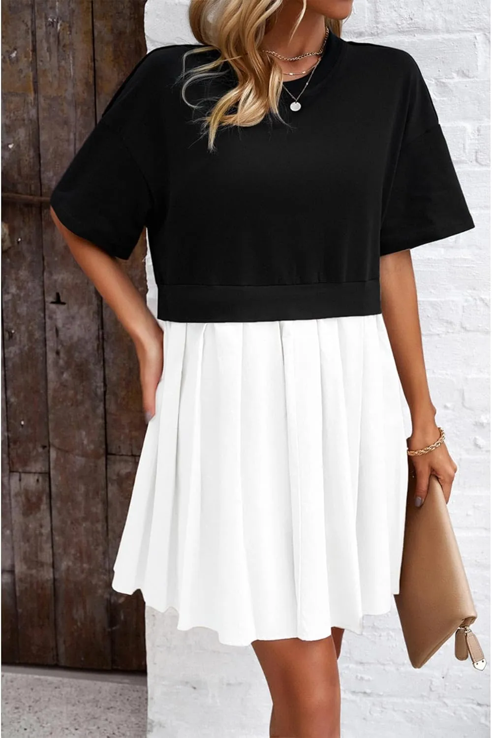 SOMTHRON Women's Oversized Sweatshirt Dress Patchwork Crewneck Short Sleeve Pullover Tops Flowy Pleated Sweatshirt Mini Dress