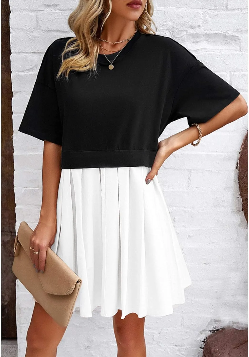SOMTHRON Women's Oversized Sweatshirt Dress Patchwork Crewneck Short Sleeve Pullover Tops Flowy Pleated Sweatshirt Mini Dress