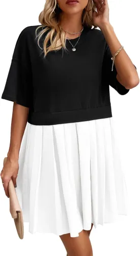SOMTHRON Women's Oversized Sweatshirt Dress Patchwork Crewneck Short Sleeve Pullover Tops Flowy Pleated Sweatshirt Mini Dress