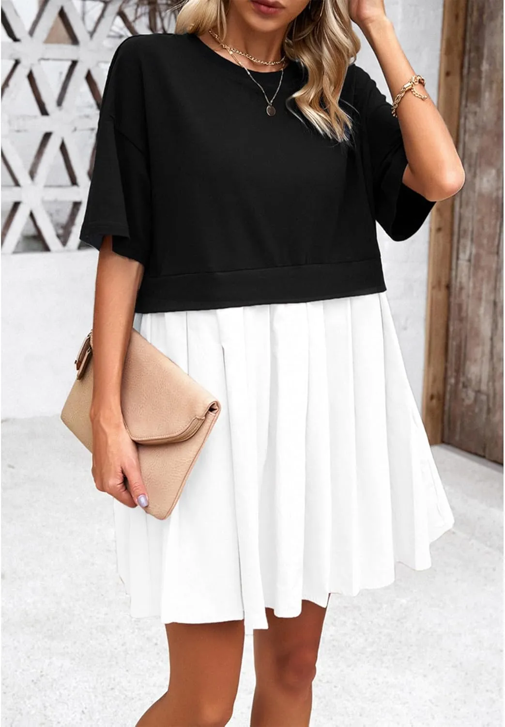 SOMTHRON Women's Oversized Sweatshirt Dress Patchwork Crewneck Short Sleeve Pullover Tops Flowy Pleated Sweatshirt Mini Dress