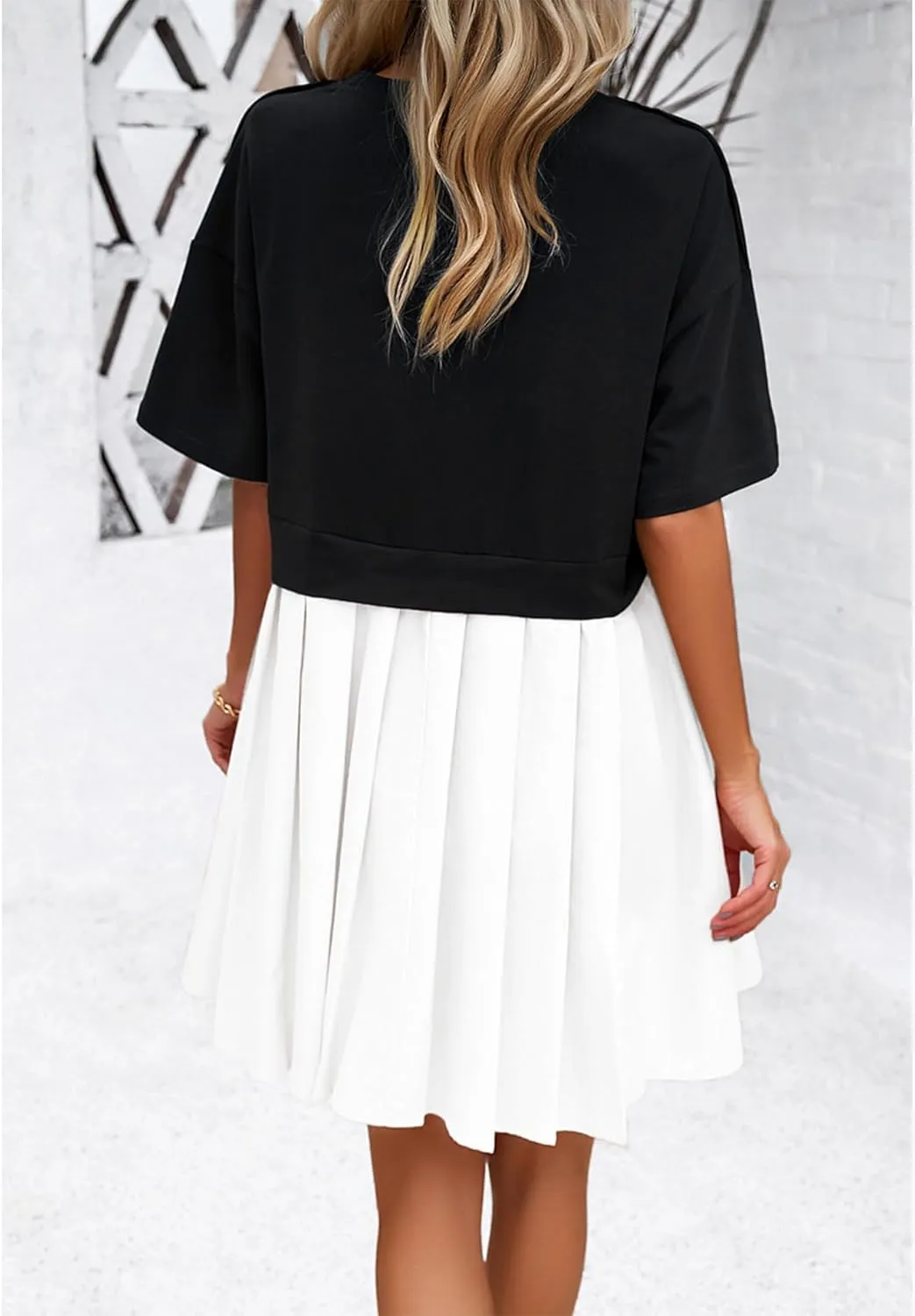 SOMTHRON Women's Oversized Sweatshirt Dress Patchwork Crewneck Short Sleeve Pullover Tops Flowy Pleated Sweatshirt Mini Dress