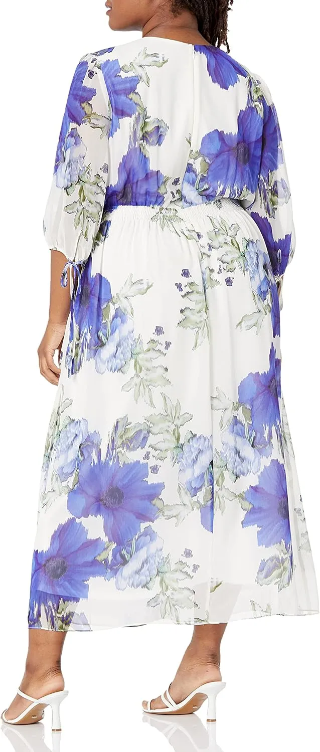 Taylor Women's Plus Size 3/4 Tie Sleeve V-Neck Floral Print Button Front Midi Chiffon Dress