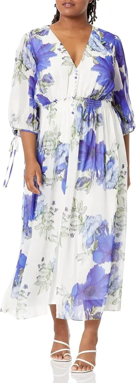 Taylor Women's Plus Size 3/4 Tie Sleeve V-Neck Floral Print Button Front Midi Chiffon Dress