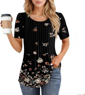 Western Tops for Women Casual Floral Print Summer Tops Pleated Short Sleeve Loose Tunic T Shirt Blouse Outfit
