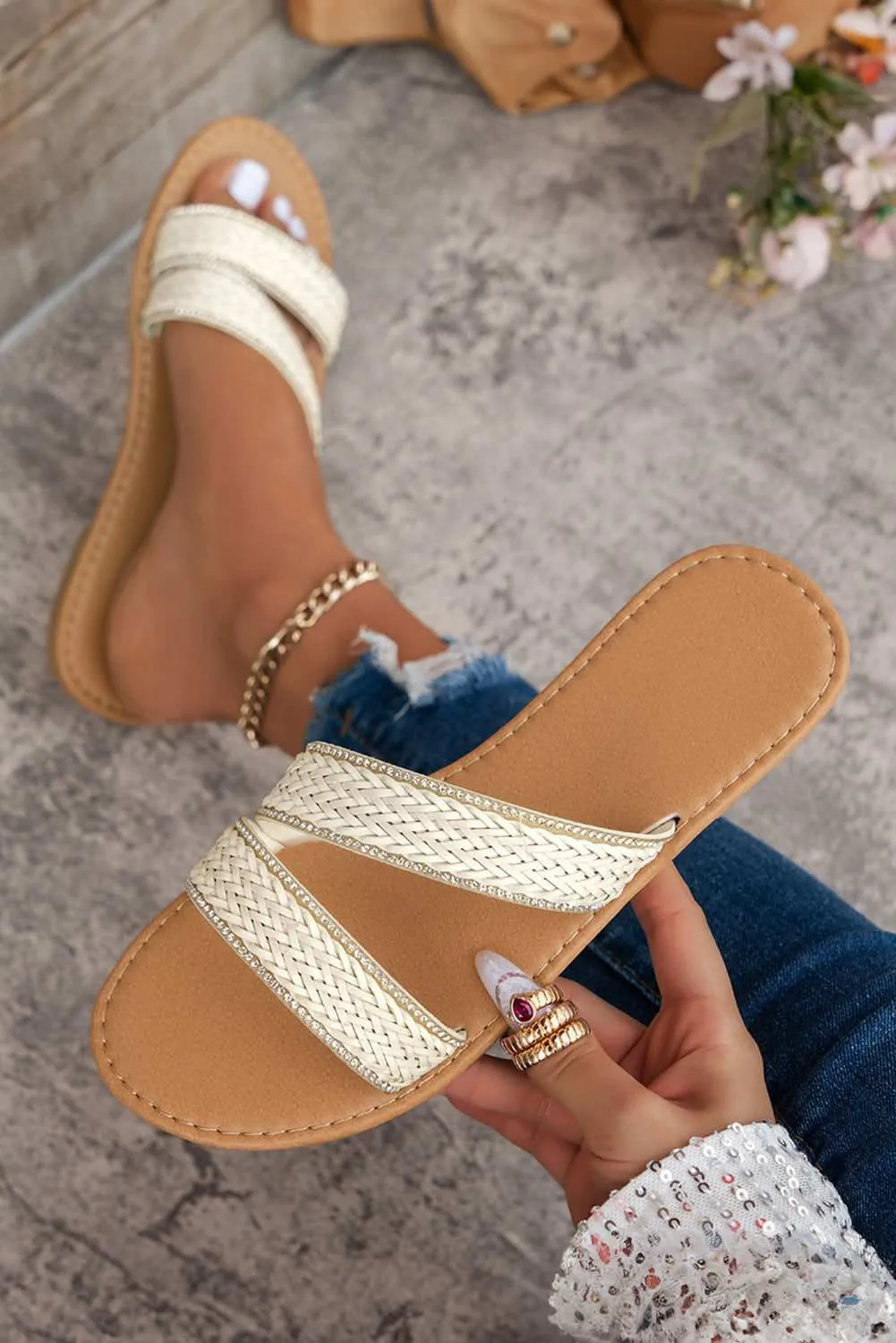 White Woven Straps PU Leather Flat Slides Shoes