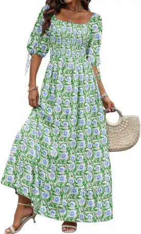 Women Boho Maxi Dresses Summer 2025 Puff Sleeve Square Neck Smocked Aline Casual Ruffle Tiered Flowy Beach Long Dress Pocket