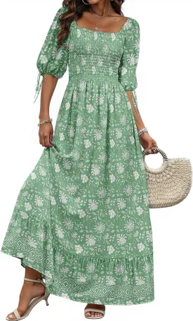 Women Boho Maxi Dresses Summer 2025 Puff Sleeve Square Neck Smocked Aline Casual Ruffle Tiered Flowy Beach Long Dress Pocket