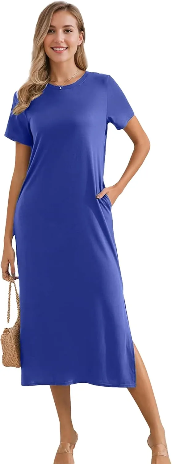 Womens Maxi Dresses Split Casual T Shirt Dress with Pockets Crew Neck Short Sleeve Summer Dresses