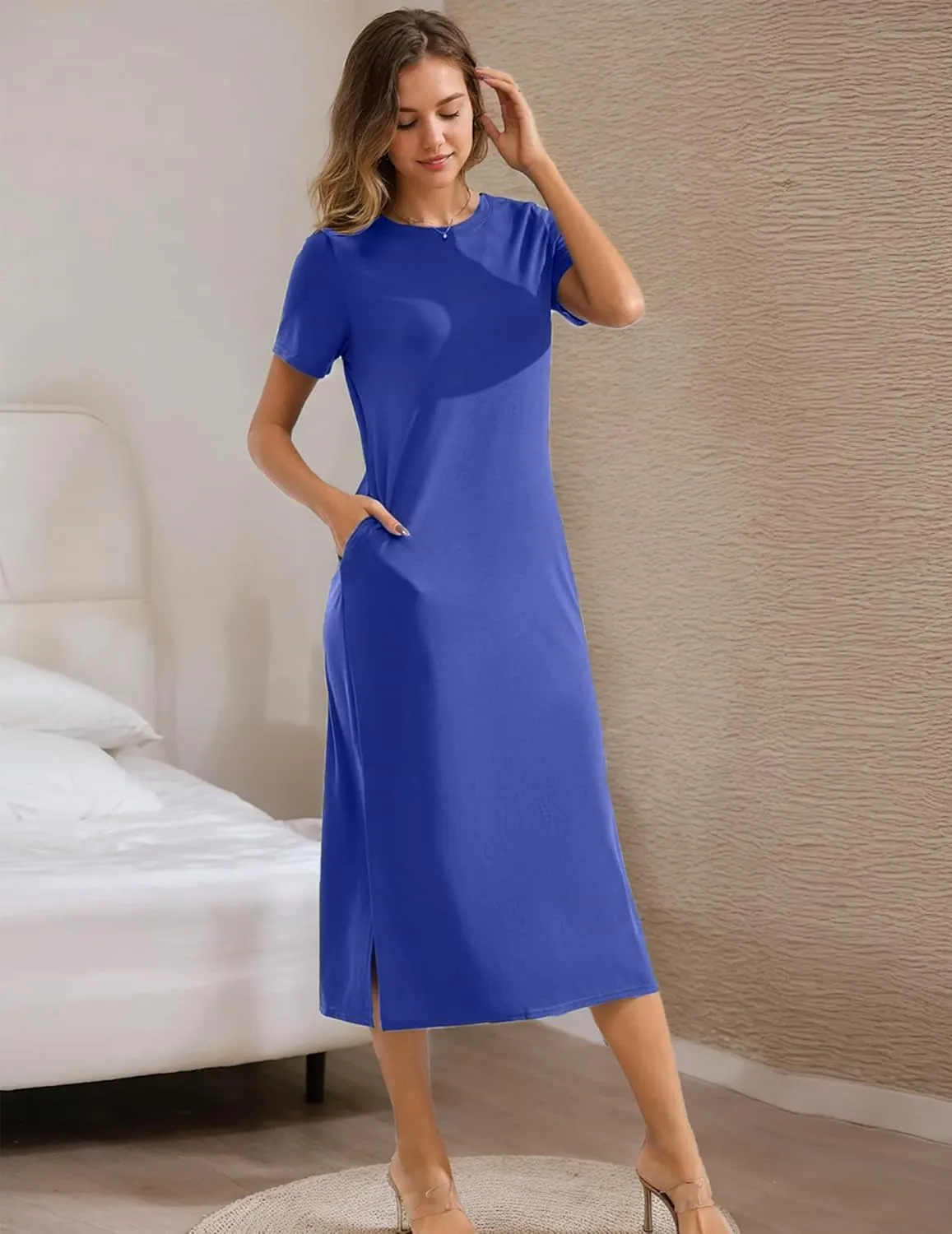 Womens Maxi Dresses Split Casual T Shirt Dress with Pockets Crew Neck Short Sleeve Summer Dresses