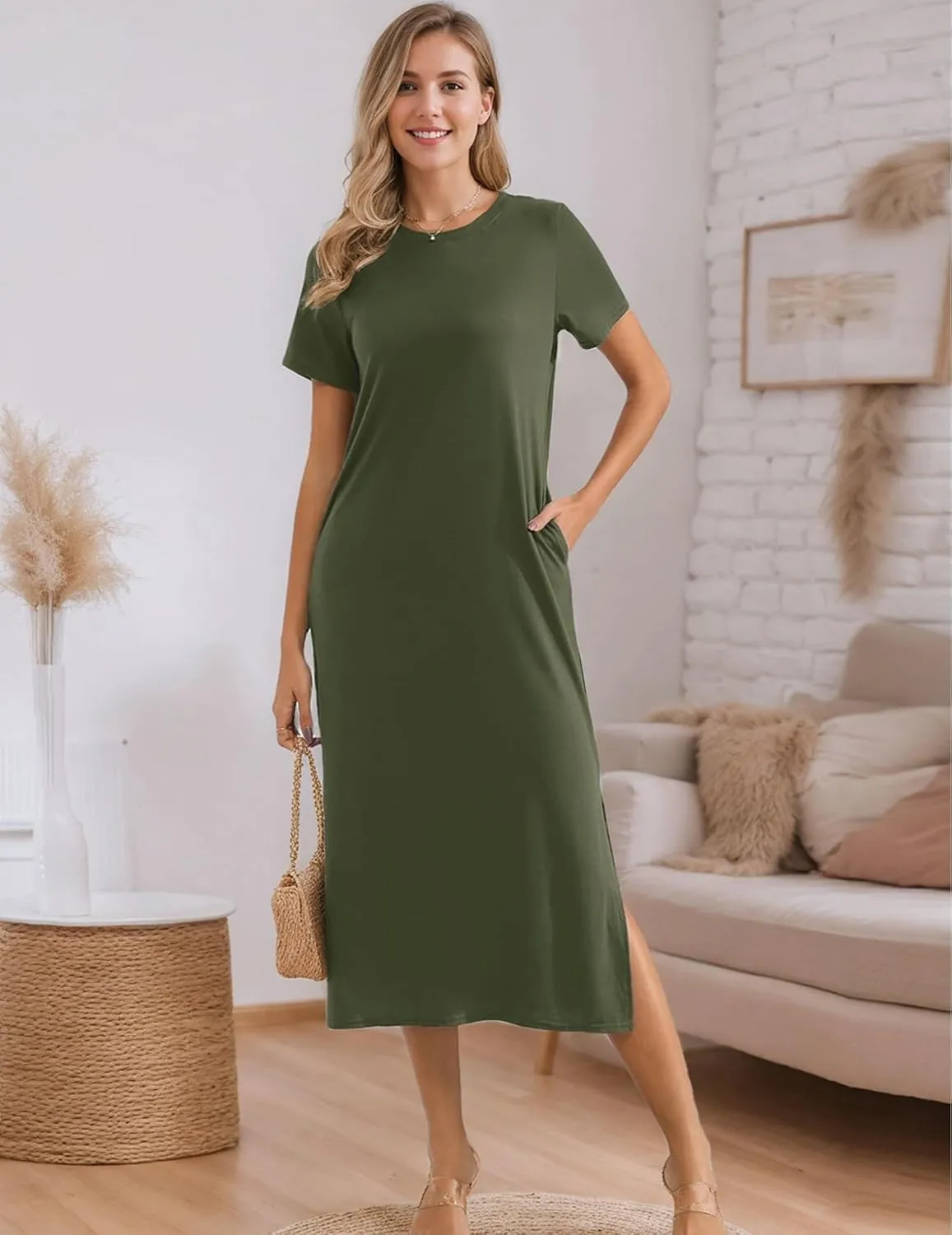 Womens Maxi Dresses Split Casual T Shirt Dress with Pockets Crew Neck Short Sleeve Summer Dresses