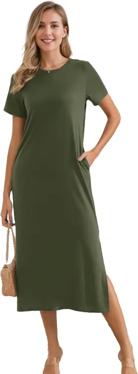 Womens Maxi Dresses Split Casual T Shirt Dress with Pockets Crew Neck Short Sleeve Summer Dresses