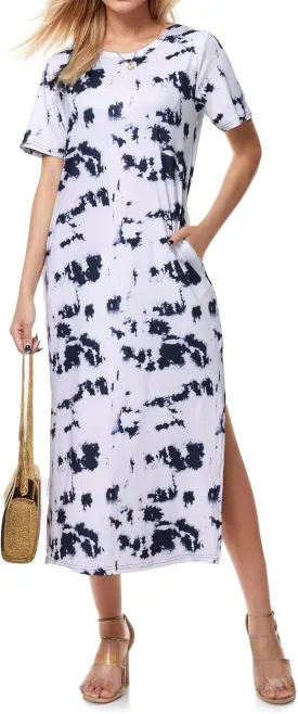 Womens Maxi Dresses Split Casual T Shirt Dress with Pockets Crew Neck Short Sleeve Summer Dresses