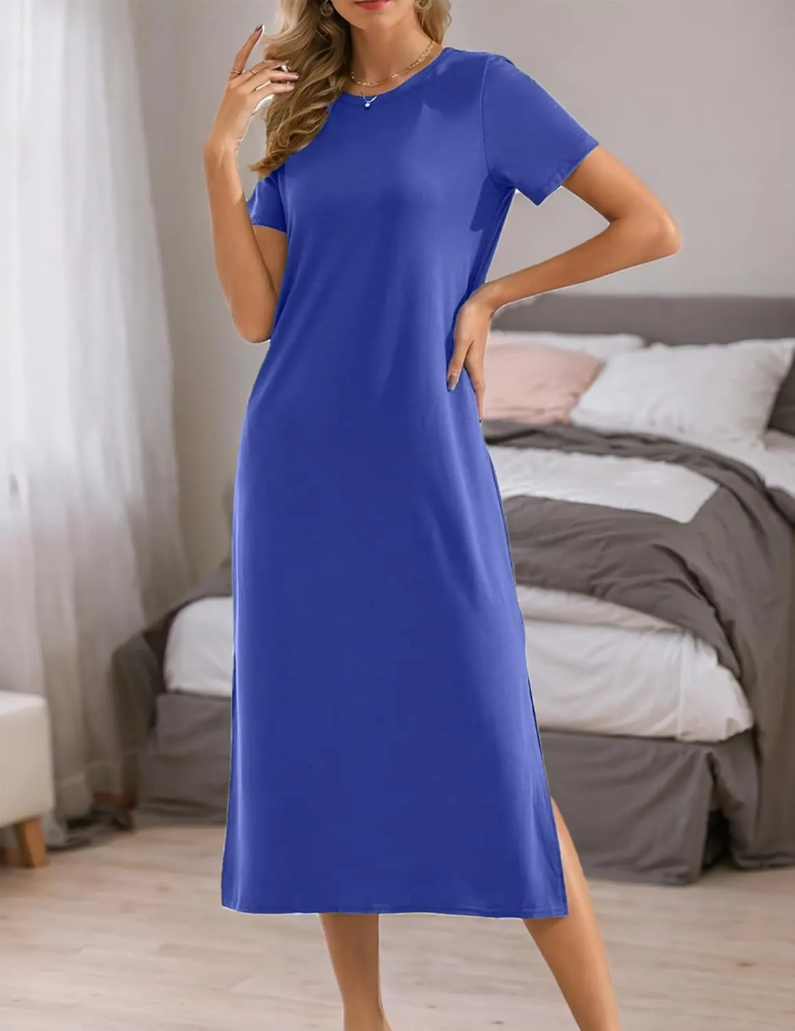 Womens Maxi Dresses Split Casual T Shirt Dress with Pockets Crew Neck Short Sleeve Summer Dresses