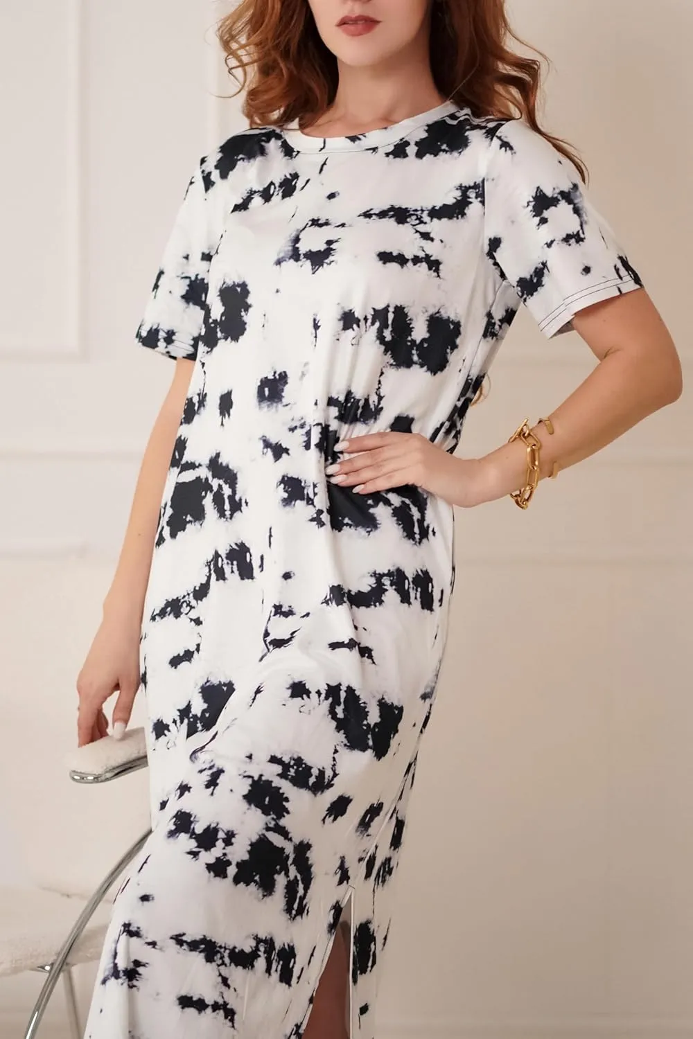 Womens Maxi Dresses Split Casual T Shirt Dress with Pockets Crew Neck Short Sleeve Summer Dresses