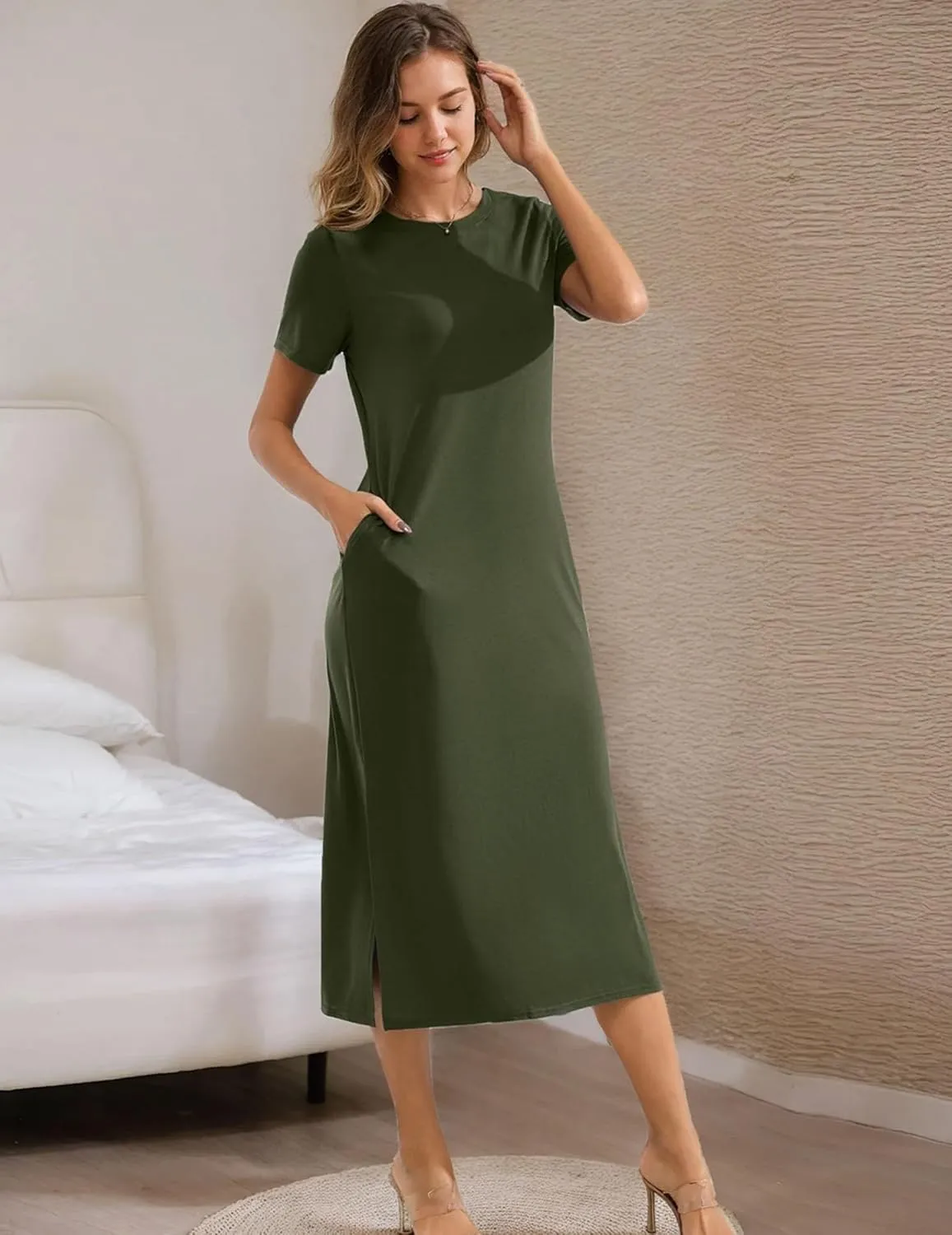 Womens Maxi Dresses Split Casual T Shirt Dress with Pockets Crew Neck Short Sleeve Summer Dresses