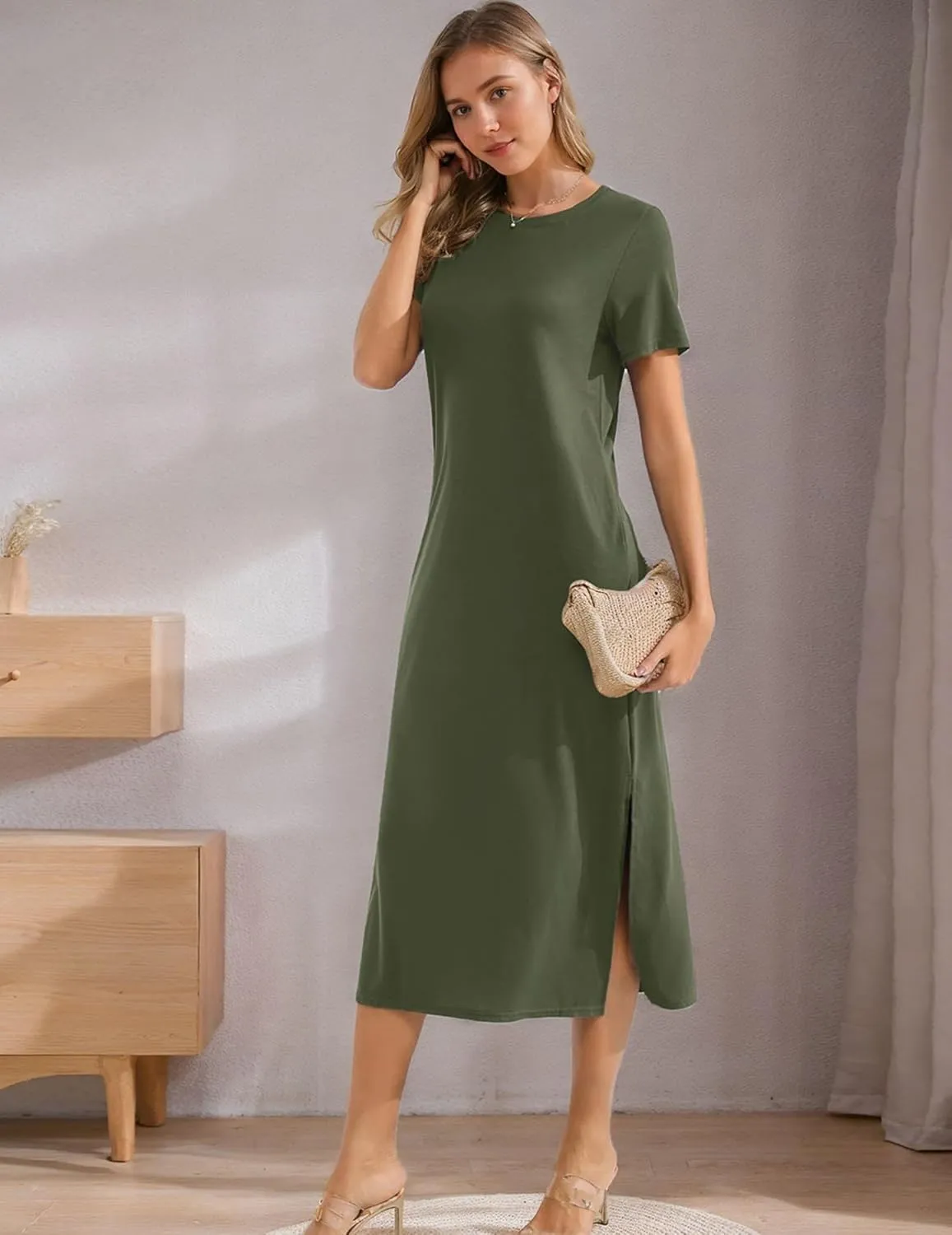 Womens Maxi Dresses Split Casual T Shirt Dress with Pockets Crew Neck Short Sleeve Summer Dresses