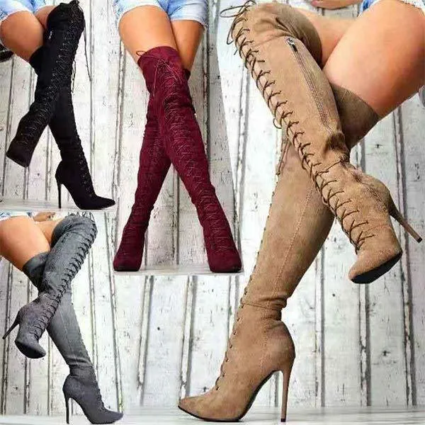 Women'S Pointed Toe Lace-Up Over The Knee Boots 71718316C