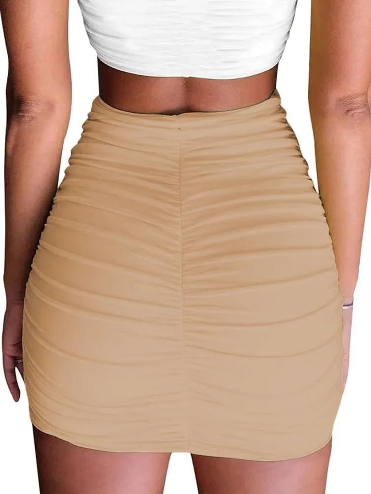 Women's Stretch High Waist Ruched Bodycon Double Layer Casual Mini Skirt