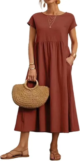 Women's Summer Dresses Maxi Casual Cap Sleeve Crewneck A Line Flowy Swing Beach Sundress with Pockets