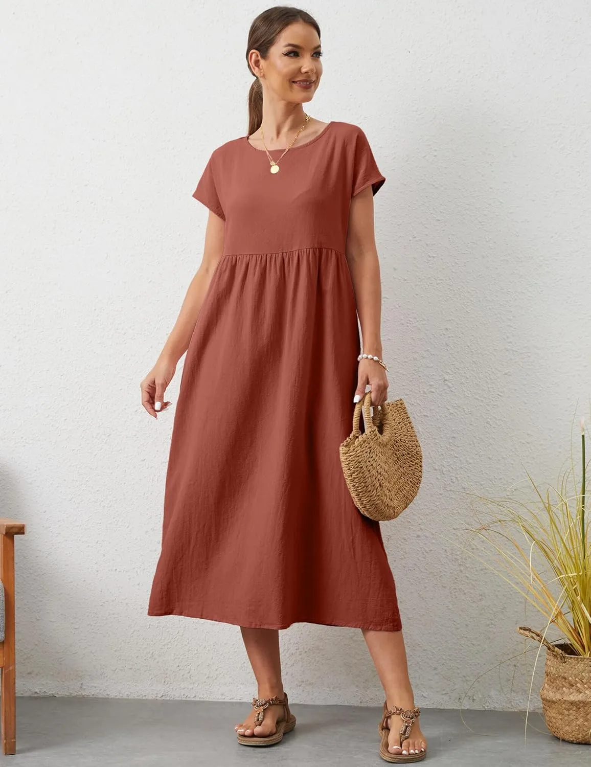 Women's Summer Dresses Maxi Casual Cap Sleeve Crewneck A Line Flowy Swing Beach Sundress with Pockets