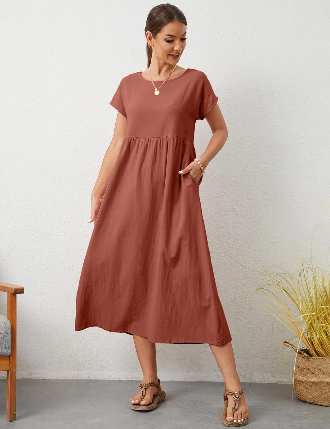Women's Summer Dresses Maxi Casual Cap Sleeve Crewneck A Line Flowy Swing Beach Sundress with Pockets